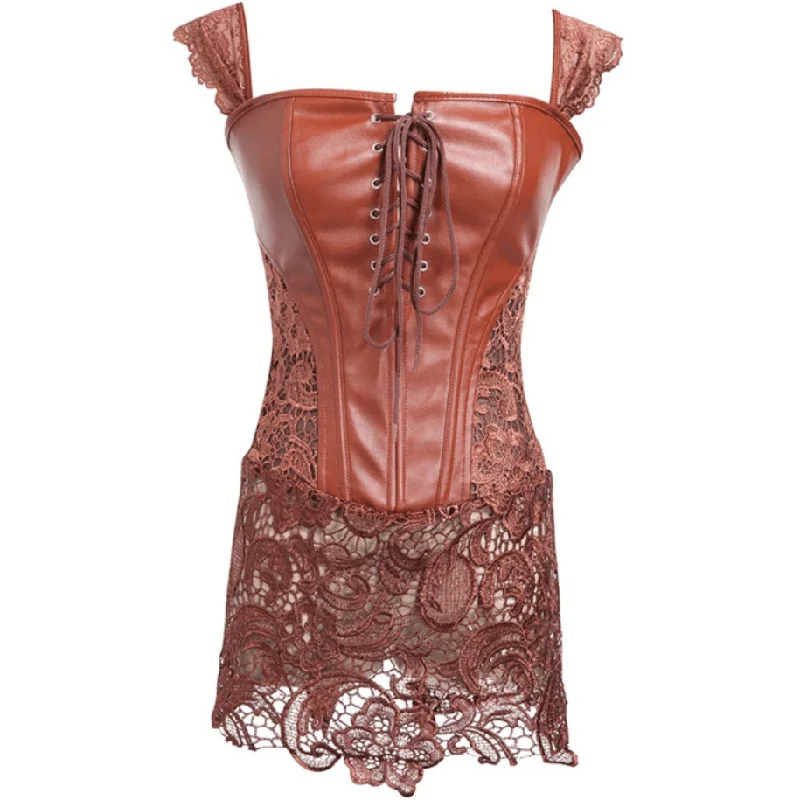 Plus Size Punk Lace Up Faux Leather Sheer Floral Lace Overbust Corsets