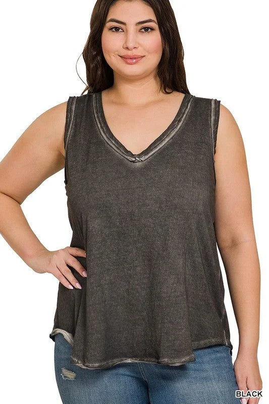 ZENANA | Plus Washed Raw Edge V-Neck Tank Top