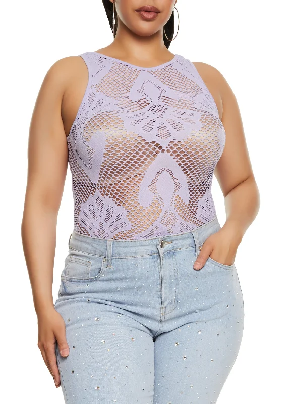 Plus Size Seamless Fishnet Patterned Bodysuit