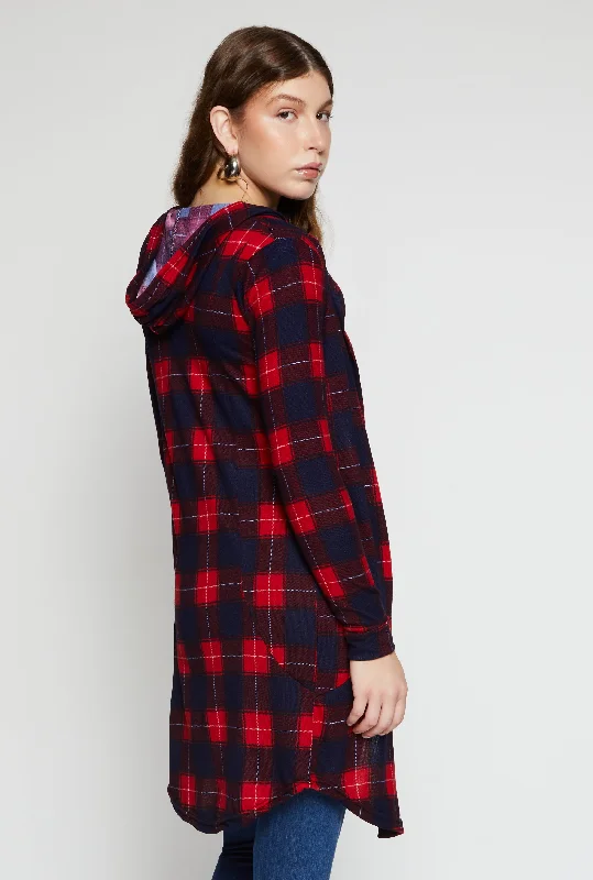 Plaid Hooded Button Front Duster