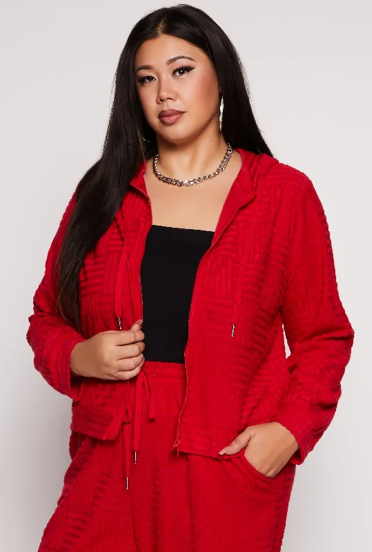 Plus Size Chenille Patterned Zip Front Hoodie