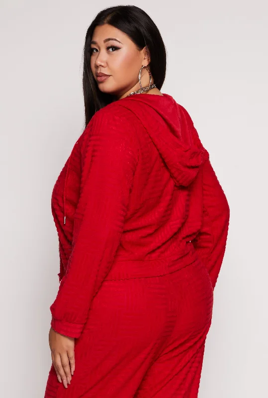 Plus Size Chenille Patterned Zip Front Hoodie