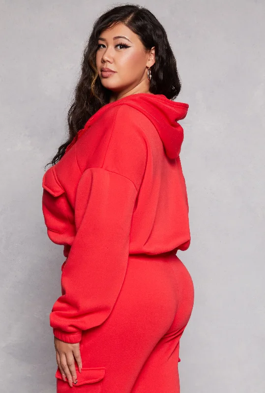 Plus Size Fleece Cargo Pocket Zip Front Hoodie