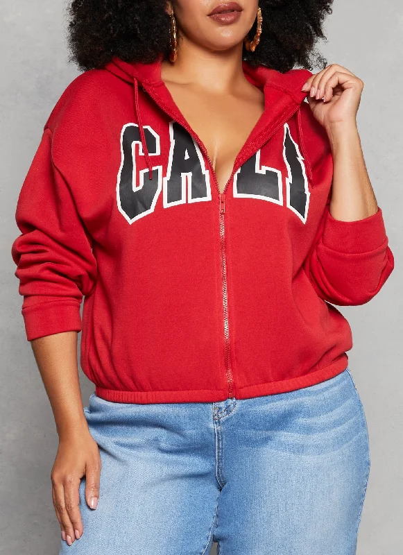 Plus Size Fleece Graphic Zip Front Hoodie