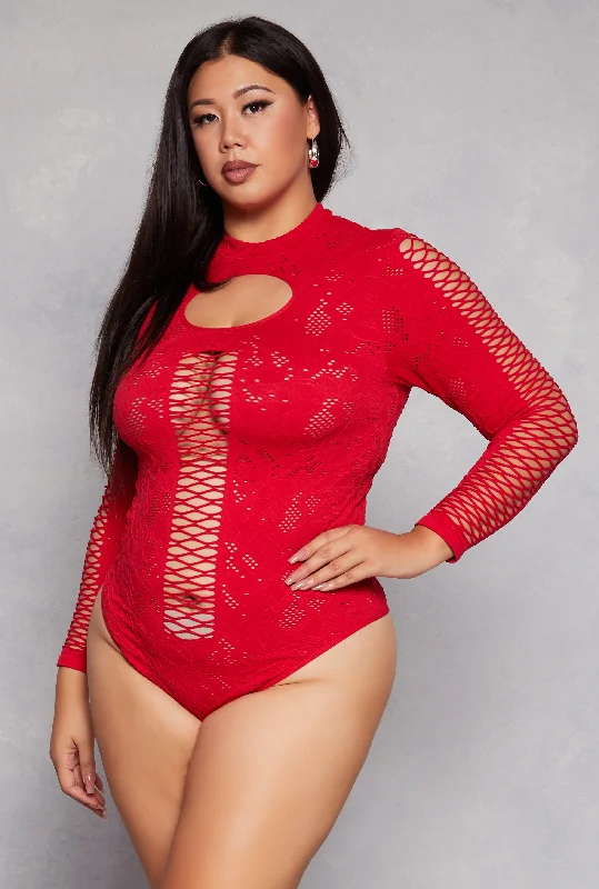 Plus Size Keyhole Fishnet Detail Long Sleeve Bodysuit