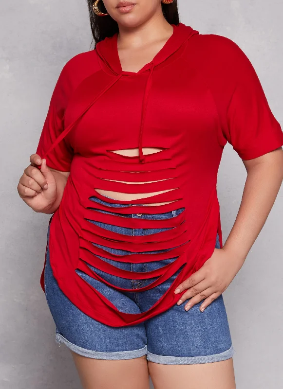 Plus Size Laser Cut Hooded Top