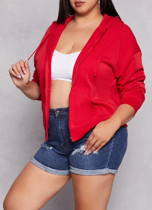 Plus Size Solid Zip Front Hoodie