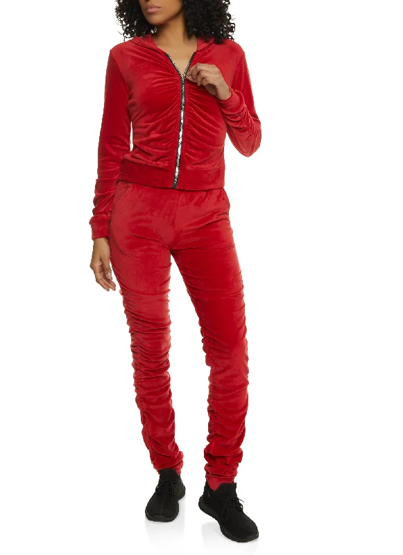 Solid Velour Ruched Zip Front Hoodie