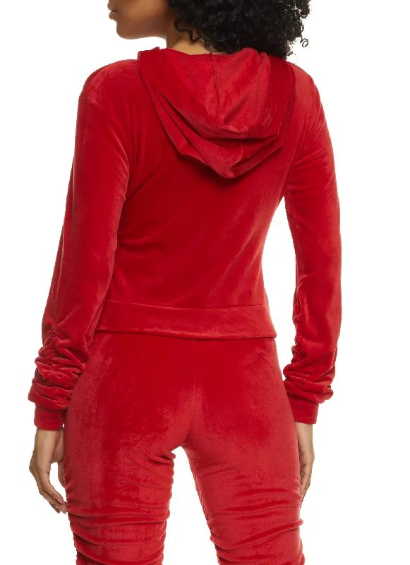 Solid Velour Ruched Zip Front Hoodie