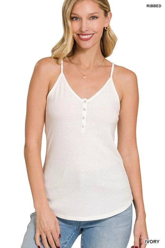 Ribbed Half Snap Button Closure Cami Top