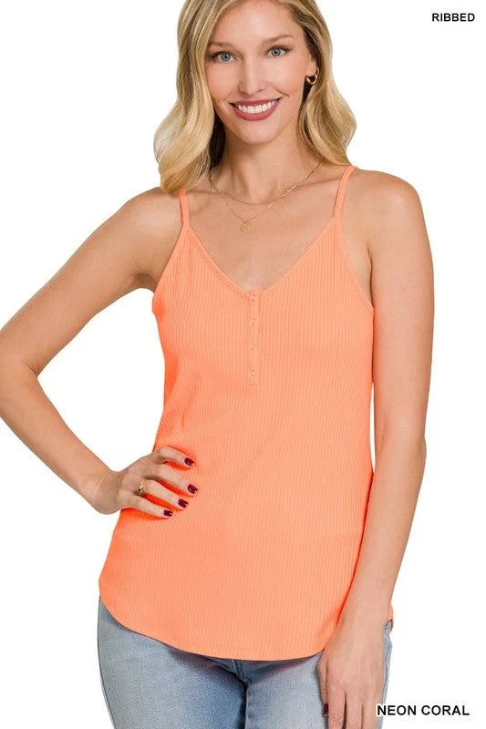 Ribbed Half Snap Button Closure Cami Top