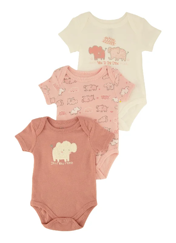 Baby Girls 0-9M Elephant Chenille Patch Graphic Bodysuit Trio