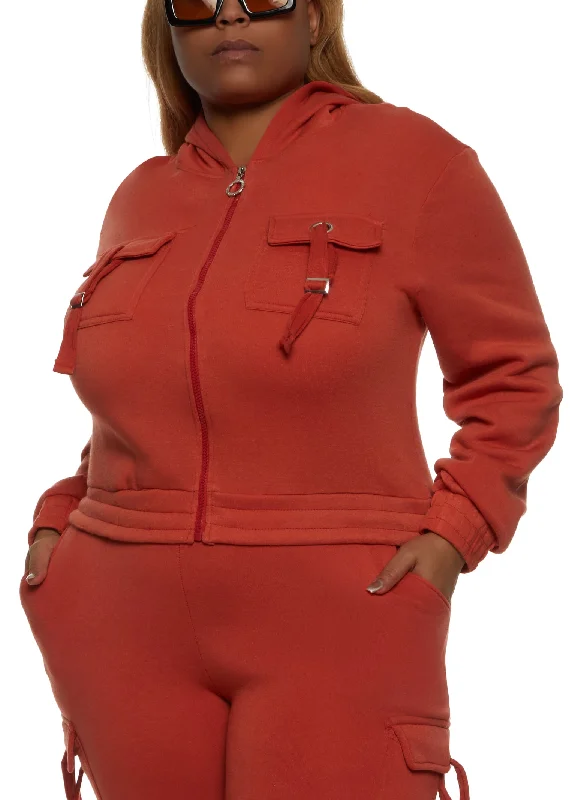 Plus Size Pocket Detail Zip Front Hoodie