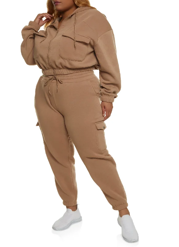 Plus Size Cargo Pocket Zip Front Hoodie