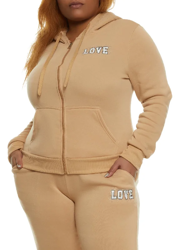 Plus Size Love Rhinestone Graphic Zip Front Hoodie