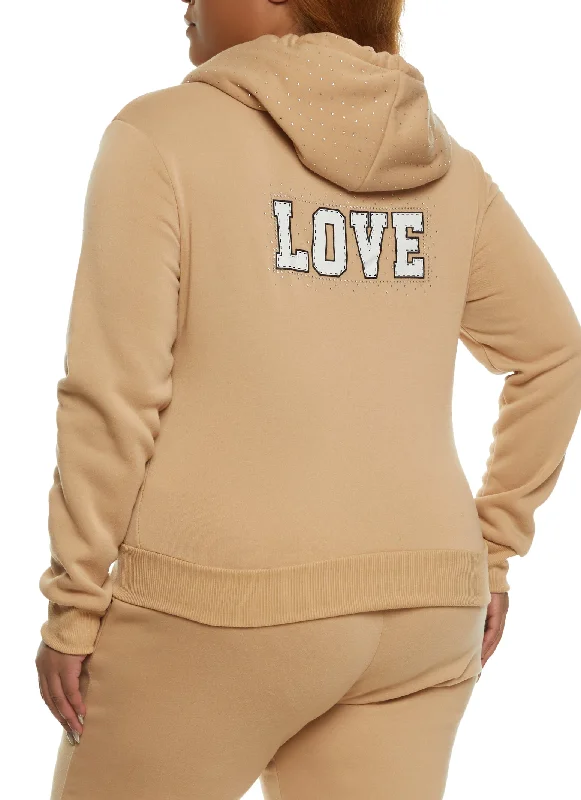 Plus Size Love Rhinestone Graphic Zip Front Hoodie