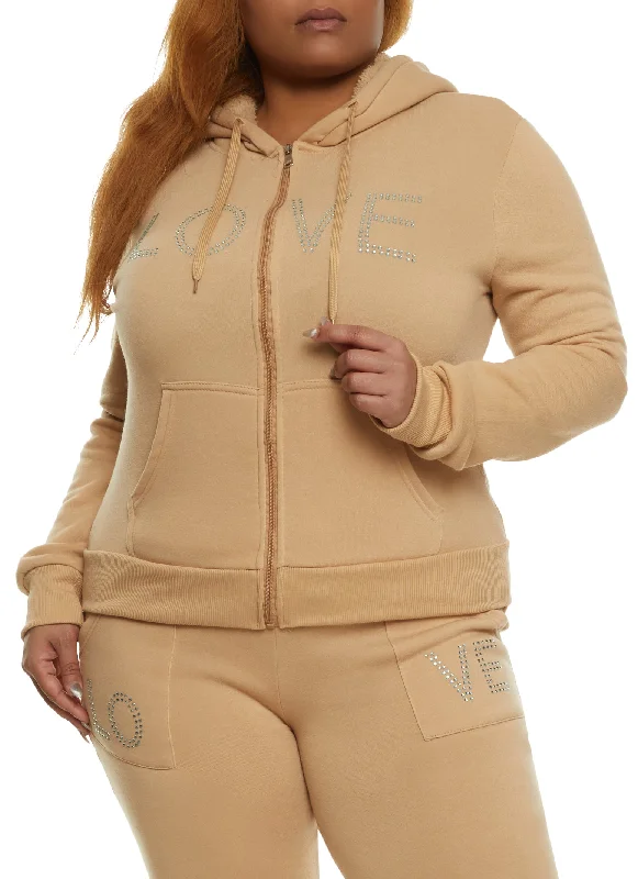 Plus Size Love Rhinestone Graphic Zip Up Hoodie