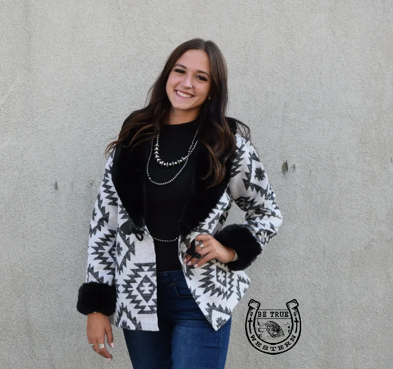 The Fort Worth Black and White Aztec Fur Coat