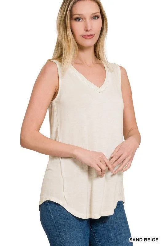 ZENANA | Washed Sleeveless V-Neck Top W Hi-Low Hem