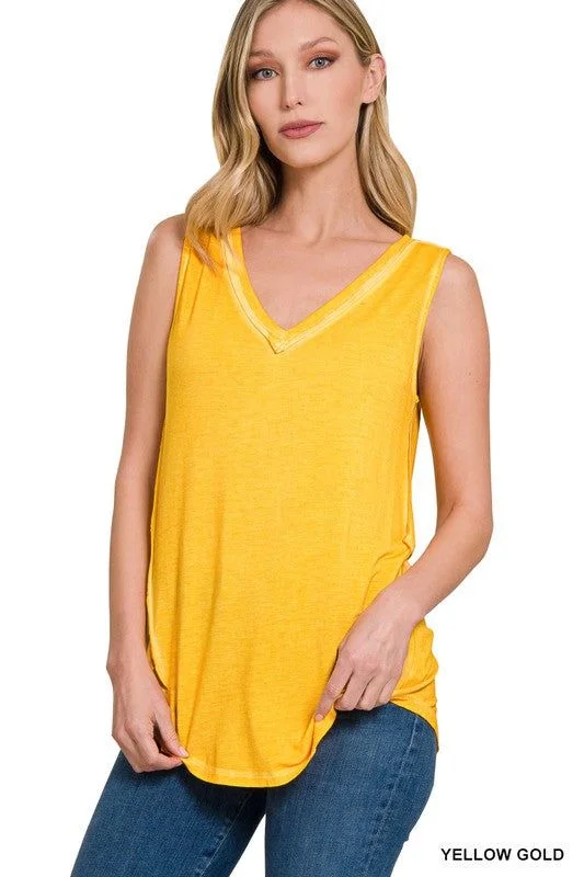 ZENANA | Washed Sleeveless V-Neck Top W Hi-Low Hem