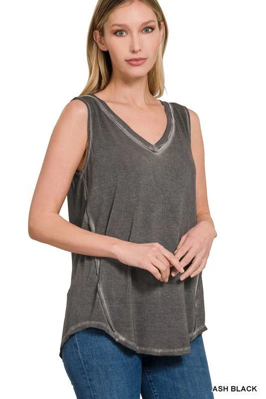 ZENANA | Washed Sleeveless V-Neck Top W Hi-Low Hem