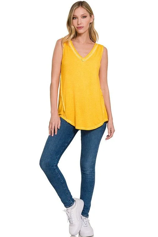 ZENANA | Washed Sleeveless V-Neck Top W Hi-Low Hem