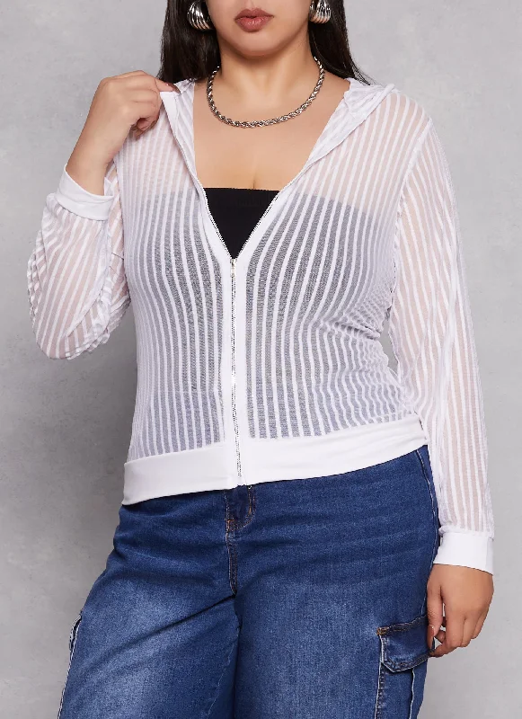 Plus Size Mesh Shadow Striped Zip Front Hoodie