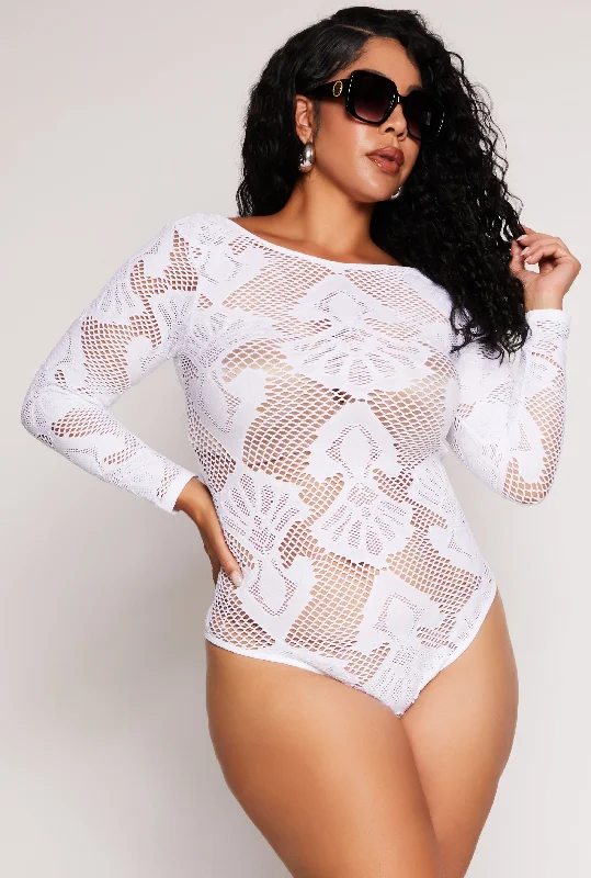 Plus Size Seamless Lace Long Sleeve Bodysuit