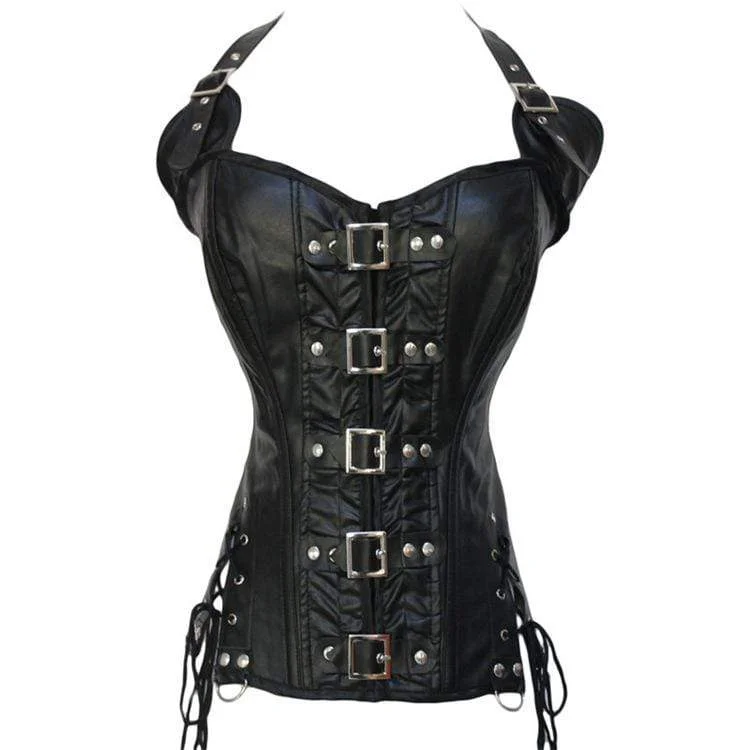 Women' Punk Faux Leather Halter Overbust Corsets