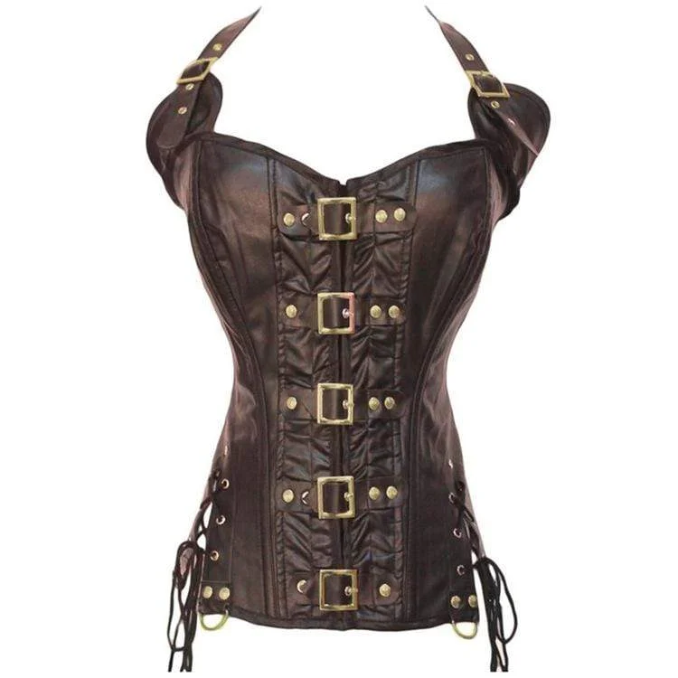 Women' Punk Faux Leather Halter Overbust Corsets