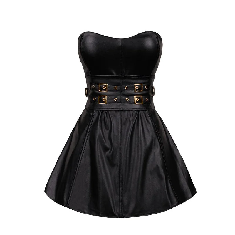 Women's Double Breasted Faux Leather Bustier Corset Top With Skirt