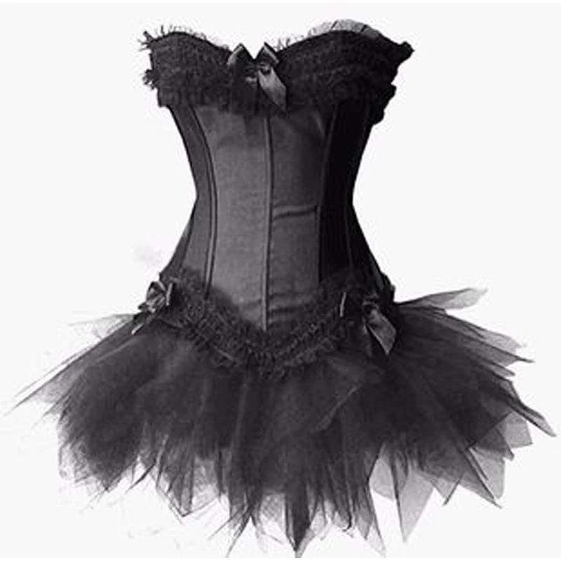 Women's Gothic Bowknot Falbala Lace Hem Overbust Corsets With Skirts