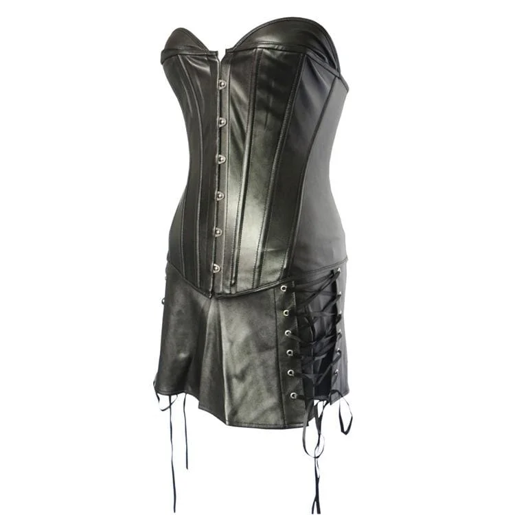 Women's Gothic Faux Leather Overbust Corset Dresses