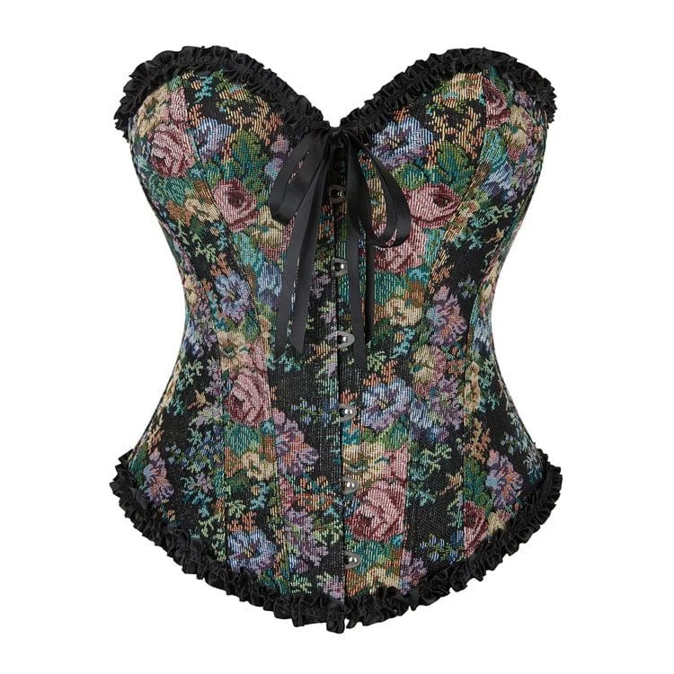 Women's Gothic Floral Printed Ruffled Overbust Corset