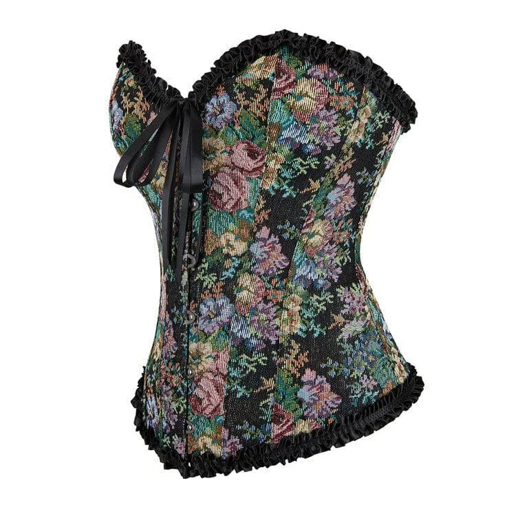 Women's Gothic Floral Printed Ruffled Overbust Corset