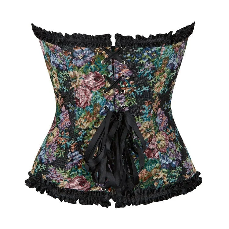 Women's Gothic Floral Printed Ruffled Overbust Corset