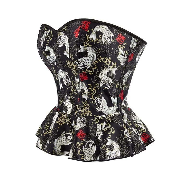 Women's Gothic Koi Fish Printed Ruffled Overbust Corset