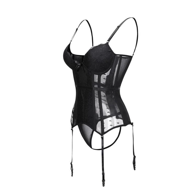 Women's Gothic Lingerie Lace Sheer Overbust Corsets With T-back