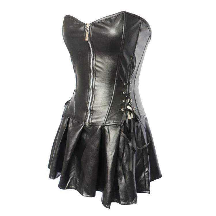 Women's Gothic Strappy  Faux Leather Overbust Corset Dresses