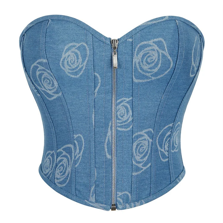 Women's Grunge Zipper Rose Denim Overbust Corset