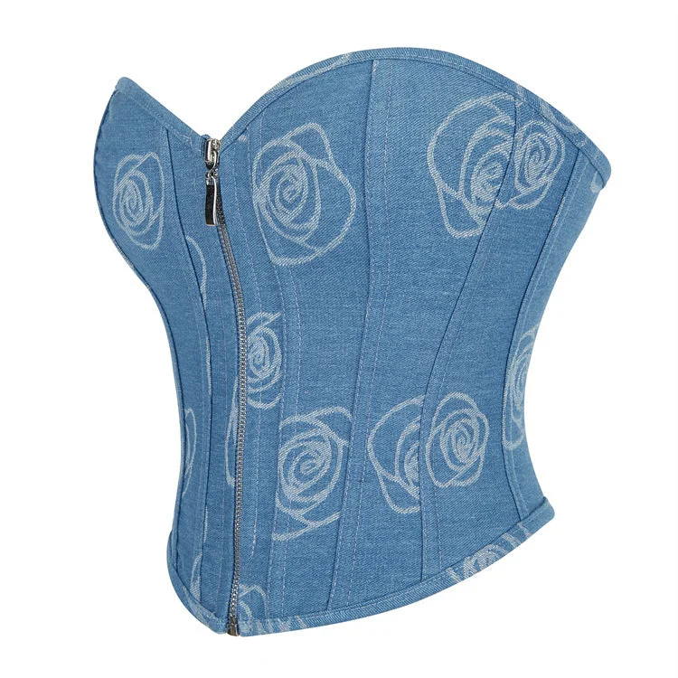 Women's Grunge Zipper Rose Denim Overbust Corset