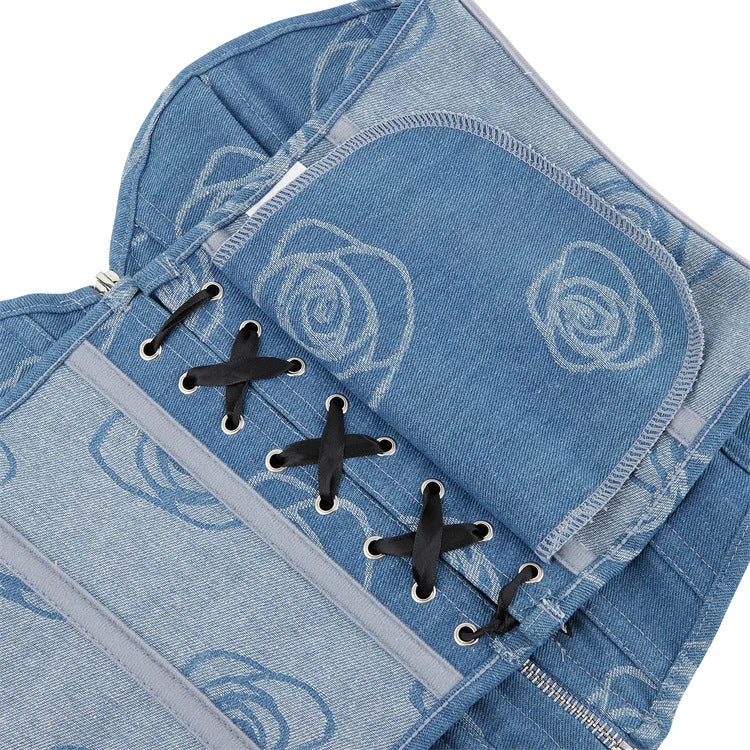 Women's Grunge Zipper Rose Denim Overbust Corset