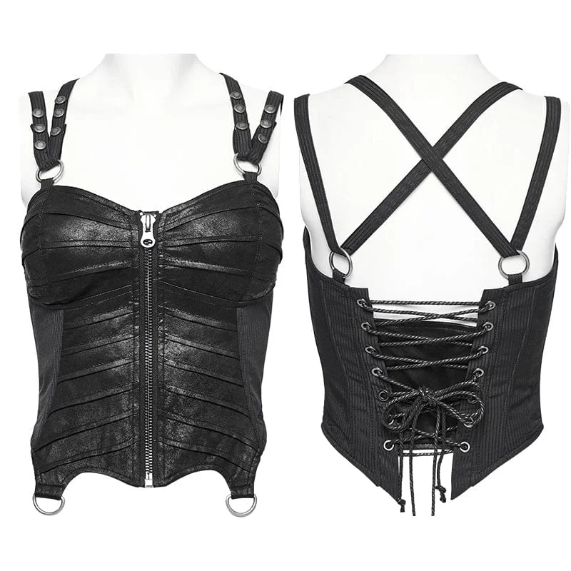 Women's Punk Faux Leather Halterneck Front Zipper Overbust Corsets