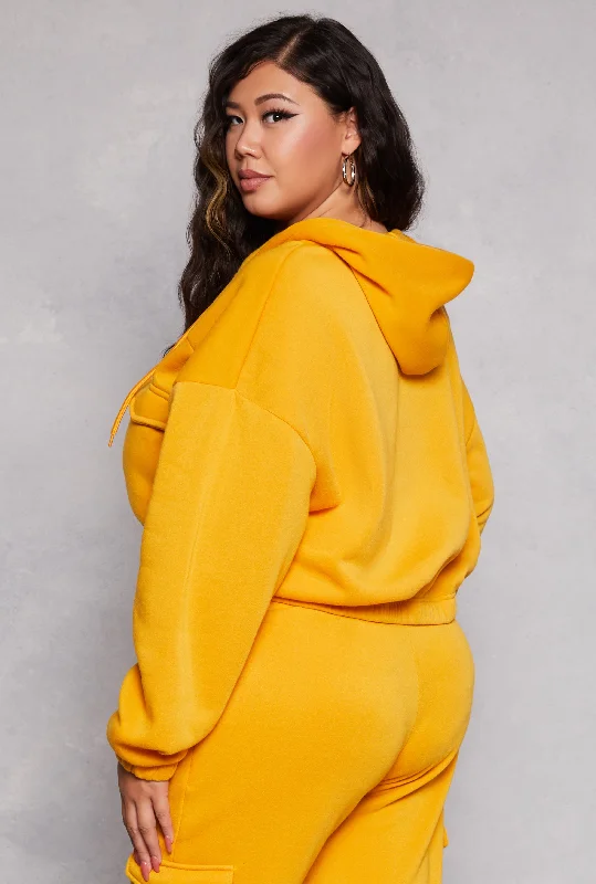 Plus Size Fleece Cargo Pocket Zip Front Hoodie