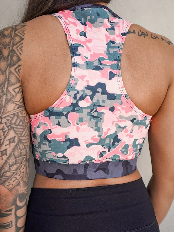 Coral Camo Zip Up Sports Bra